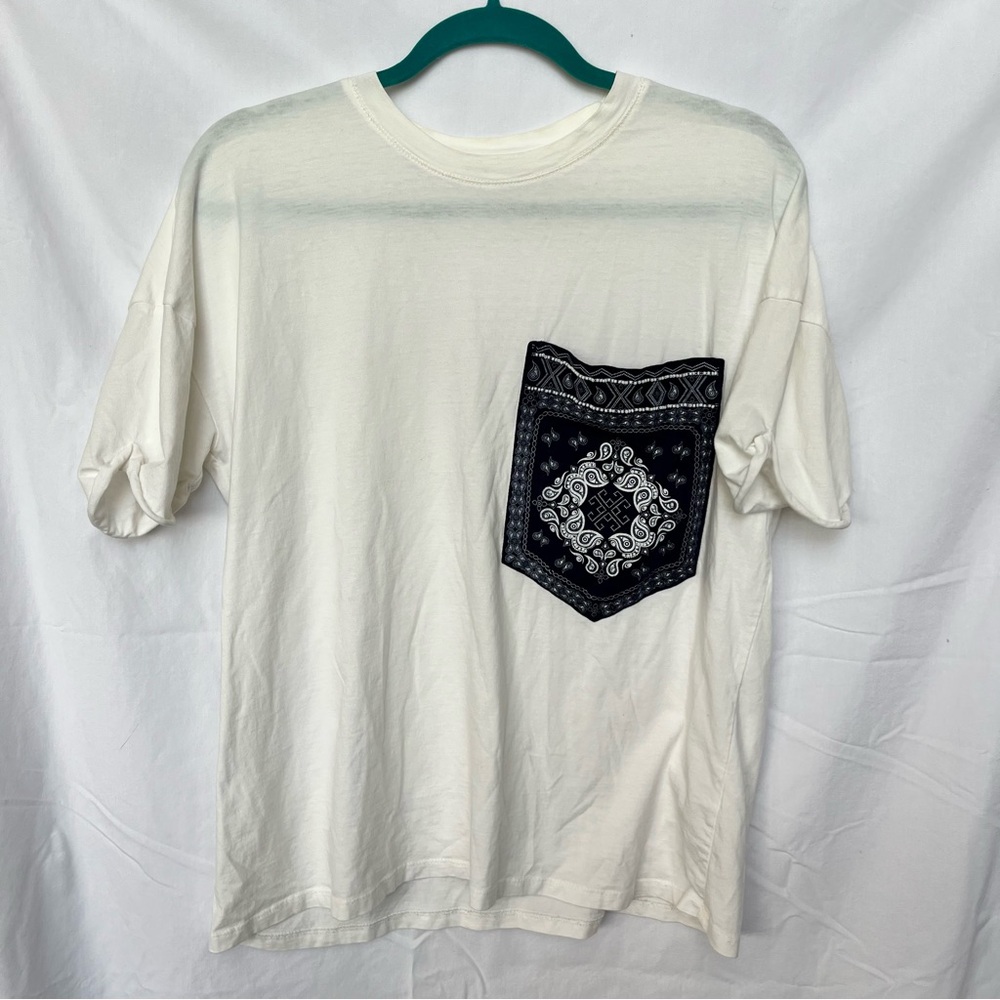 Zara tee shirt with large blue beaded pocket, size small